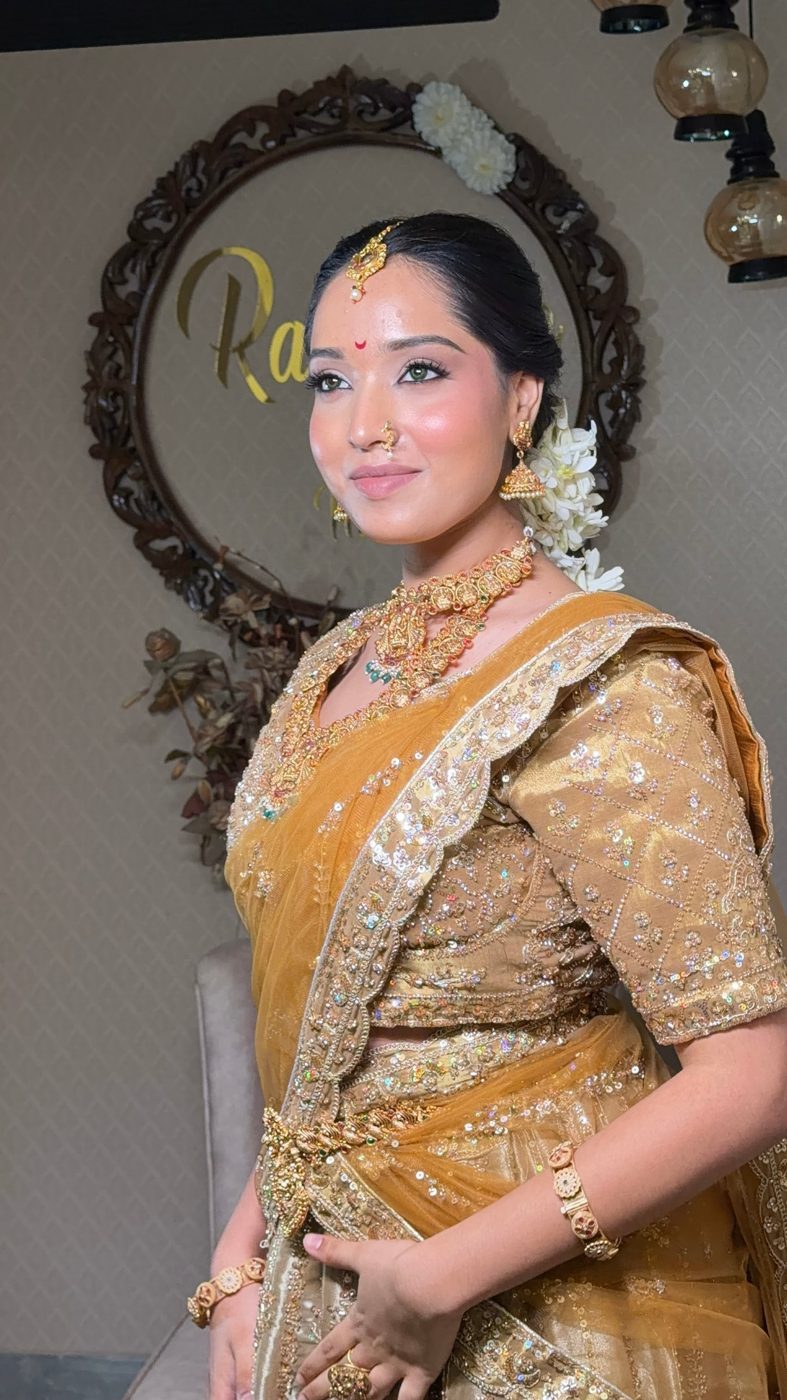 Golden saree with temple jewellery